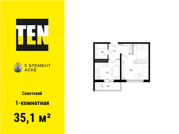 35,1 м², 1-комнатная квартира 4 068 792 ₽ - изображение 1