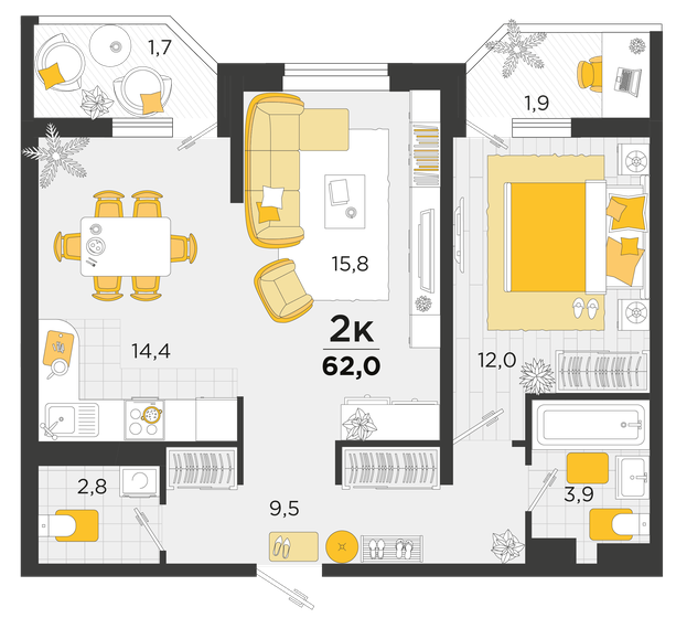 62 м², 2-комнатная квартира 8 599 400 ₽ - изображение 1
