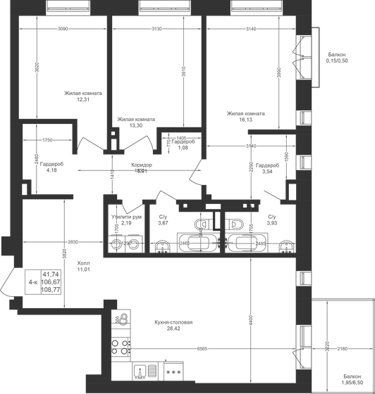 109,1 м², 3-комнатная квартира 13 088 400 ₽ - изображение 26