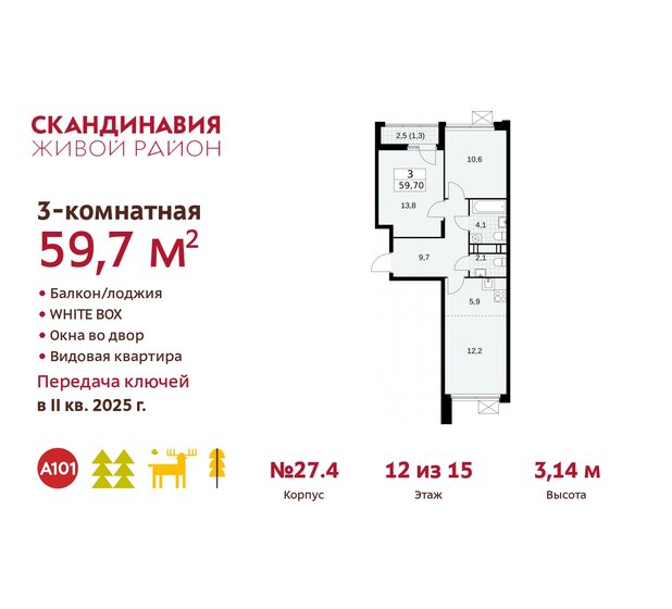 59,7 м², 3-комнатная квартира 17 896 692 ₽ - изображение 37