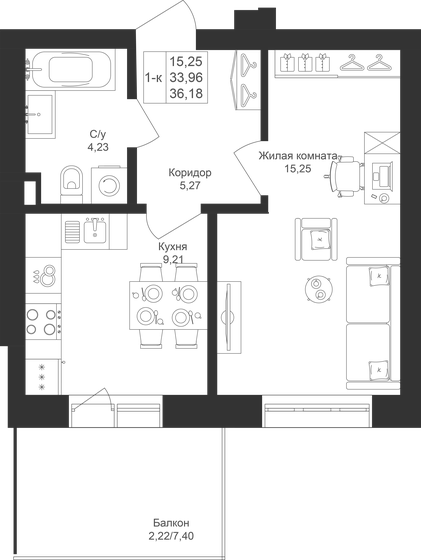 36,2 м², 1-комнатная квартира 6 874 200 ₽ - изображение 1