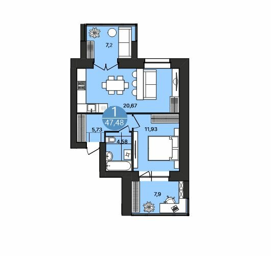 47,5 м², 1-комнатная квартира 4 976 100 ₽ - изображение 1