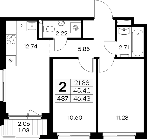 46,4 м², 2-комнатная квартира 7 879 999 ₽ - изображение 1