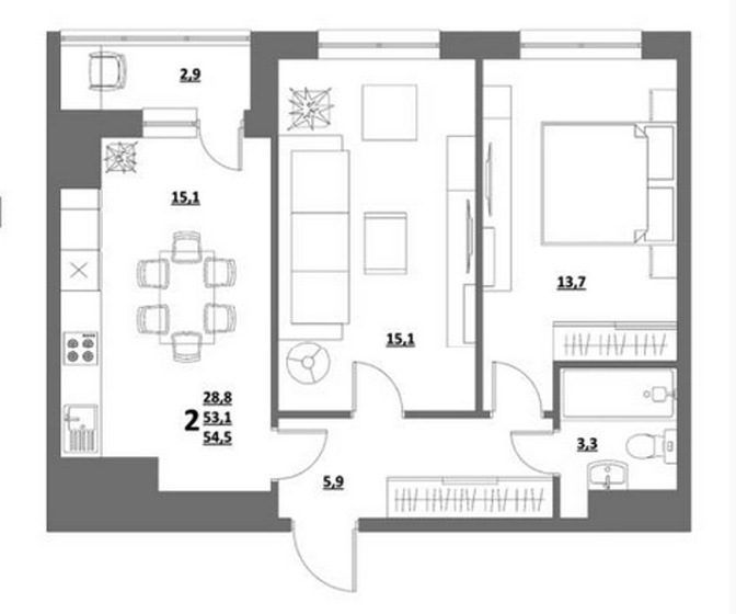 54,5 м², 2-комнатная квартира 7 116 341 ₽ - изображение 1