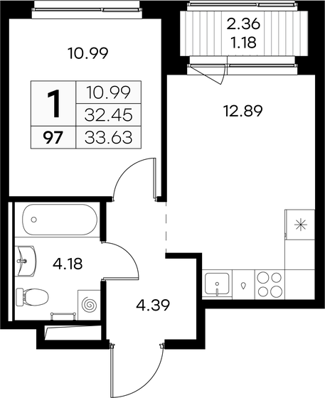 33,6 м², 1-комнатная квартира 5 209 999 ₽ - изображение 1