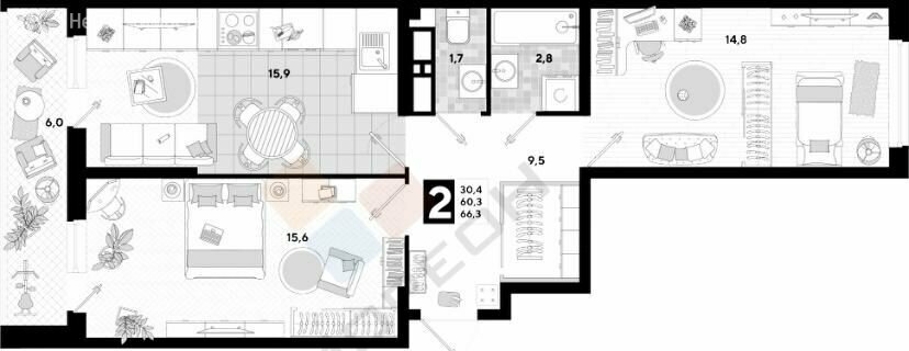 66,3 м², 2-комнатная квартира 11 500 000 ₽ - изображение 1