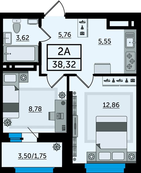 38,3 м², 2-комнатная квартира 5 594 720 ₽ - изображение 1