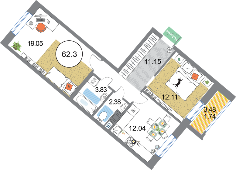 62,3 м², 2-комнатная квартира 17 213 490 ₽ - изображение 1