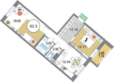 Квартира 62,3 м², 2-комнатная - изображение 1