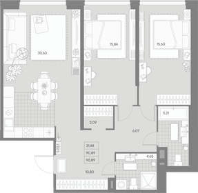 Квартира 90,9 м², 2-комнатная - изображение 1