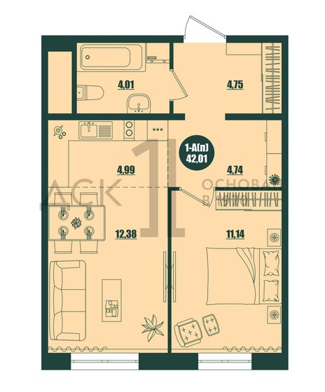 42 м², 1-комнатная квартира 6 000 000 ₽ - изображение 1