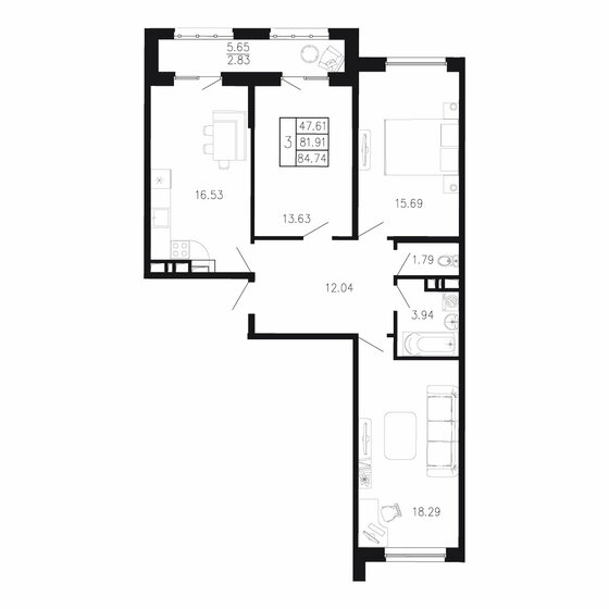 84,7 м², 3-комнатная квартира 9 999 320 ₽ - изображение 1