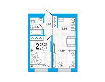 Квартира 42,1 м², 1-комнатная - изображение 1