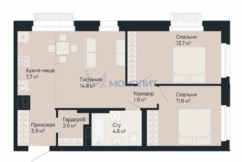 61 м², 1-комнатная квартира 14 030 000 ₽ - изображение 1