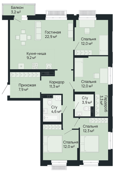 112,4 м², 4-комнатная квартира 26 189 200 ₽ - изображение 1