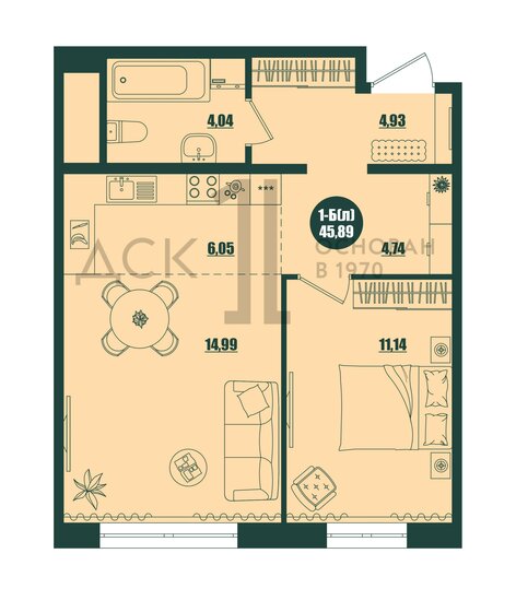 45,9 м², 1-комнатная квартира 6 800 000 ₽ - изображение 1