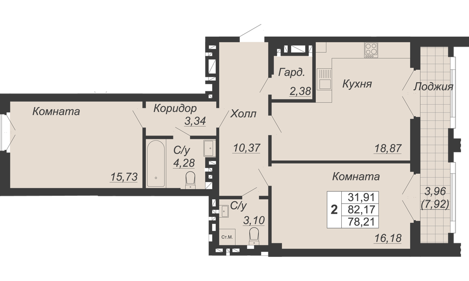 78,2 м², 2-комнатная квартира 31 284 000 ₽ - изображение 1