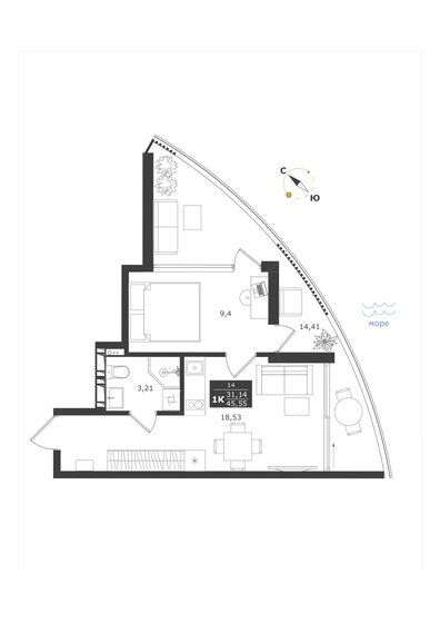 45,6 м², 1-комнатные апартаменты 16 262 898 ₽ - изображение 1