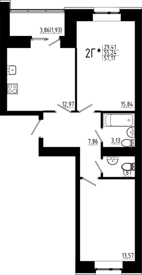 57,2 м², 2-комнатная квартира 10 750 000 ₽ - изображение 1