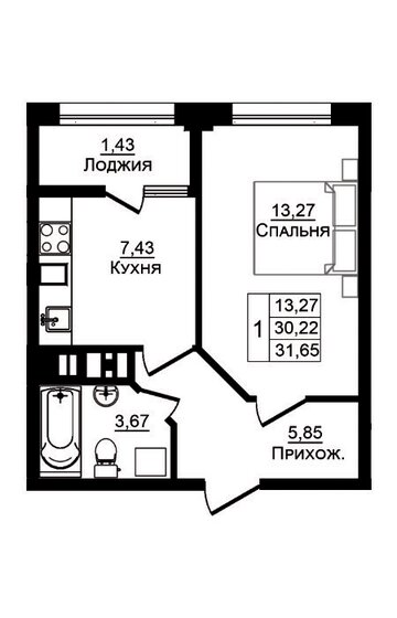 31,7 м², 1-комнатная квартира 4 960 000 ₽ - изображение 1