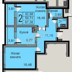 Квартира 67,4 м², 2-комнатная - изображение 1