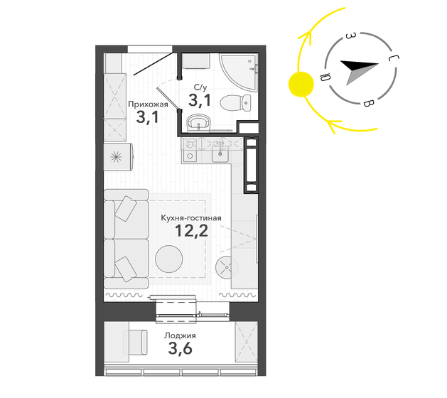 22 м², квартира-студия 3 200 000 ₽ - изображение 1