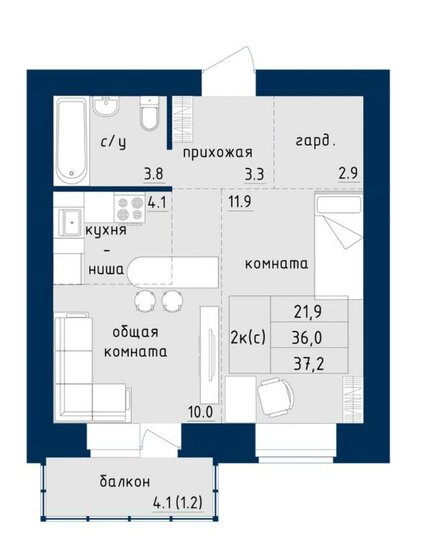 37,2 м², 1-комнатная квартира 4 300 000 ₽ - изображение 1