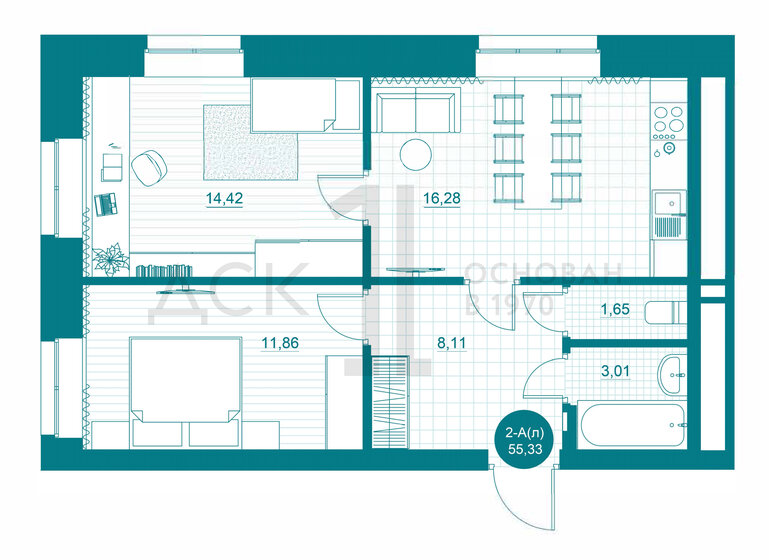 55,3 м², 2-комнатная квартира 7 350 000 ₽ - изображение 1