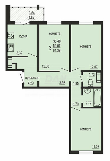 61,4 м², 3-комнатная квартира 5 140 000 ₽ - изображение 1