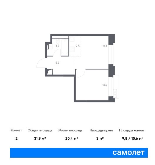 31,9 м², 2-комнатные апартаменты 14 645 014 ₽ - изображение 1