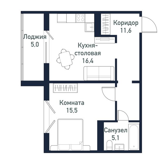 48,5 м², 1-комнатная квартира 6 062 500 ₽ - изображение 1