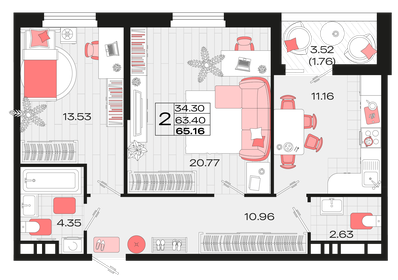 65,2 м², 2-комнатная квартира 7 747 524 ₽ - изображение 63