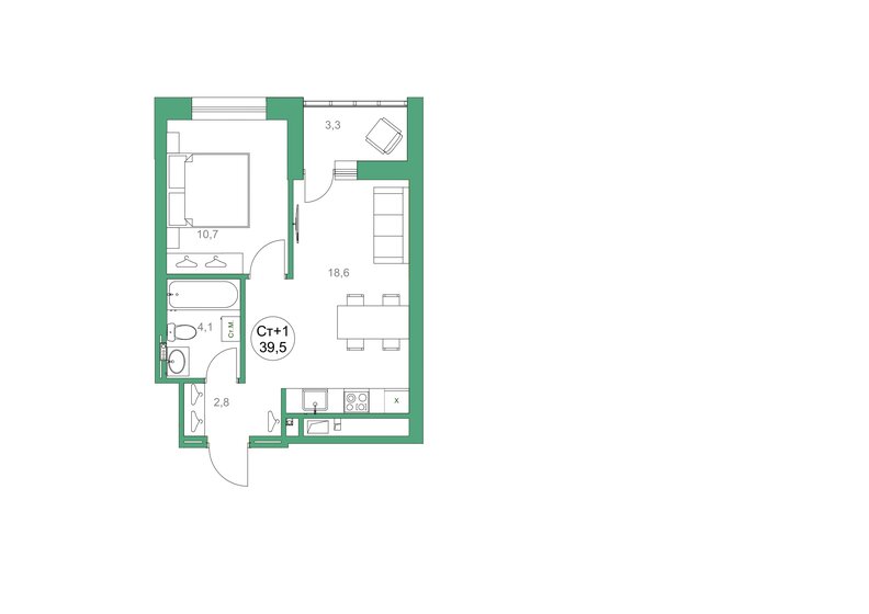 39,5 м², 1-комнатная квартира 7 490 000 ₽ - изображение 1