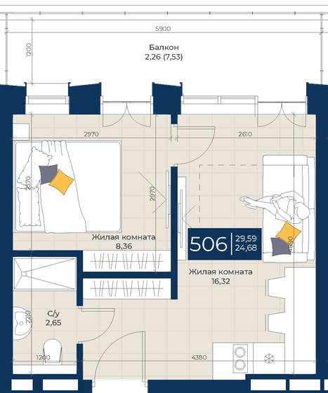 29,6 м², 1-комнатные апартаменты 13 315 500 ₽ - изображение 1
