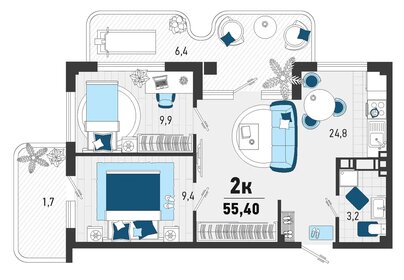 55,4 м², 2-комнатная квартира 15 200 000 ₽ - изображение 3