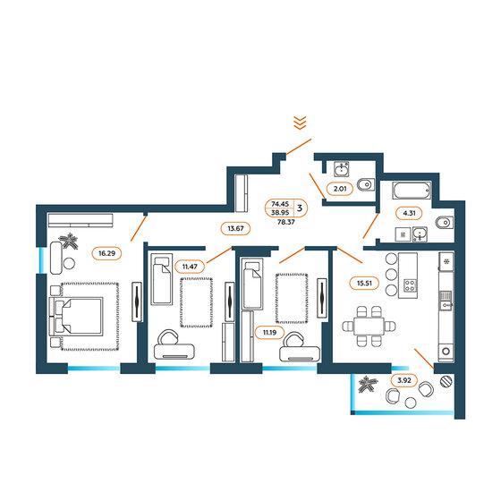 78,4 м², 3-комнатная квартира 7 468 900 ₽ - изображение 1