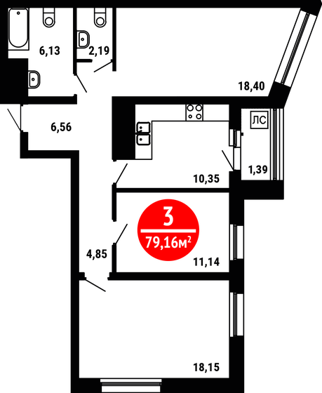79,2 м², 3-комнатная квартира 8 311 800 ₽ - изображение 1