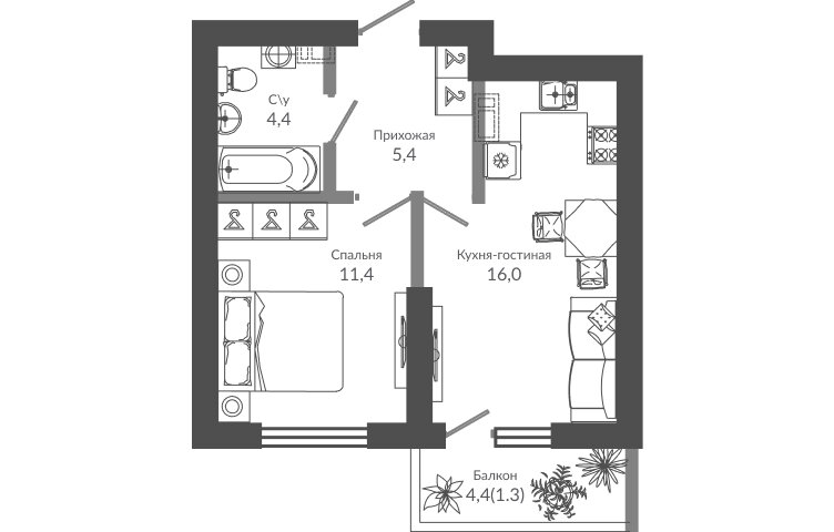 38,7 м², 1-комнатная квартира 14 496 639 ₽ - изображение 1