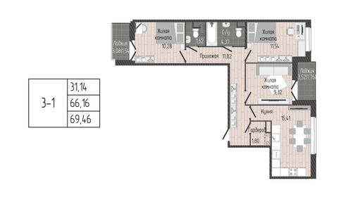 Квартира 69,5 м², 3-комнатная - изображение 1