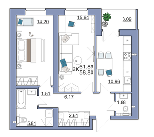 Квартира 61,9 м², 2-комнатная - изображение 1