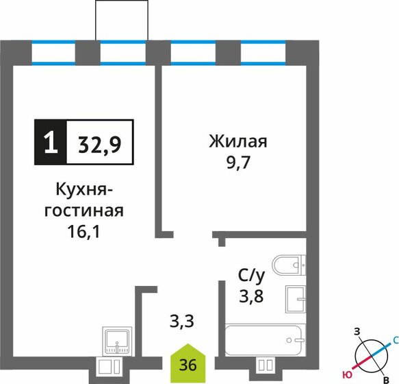 32,9 м², 1-комнатная квартира 6 251 000 ₽ - изображение 1