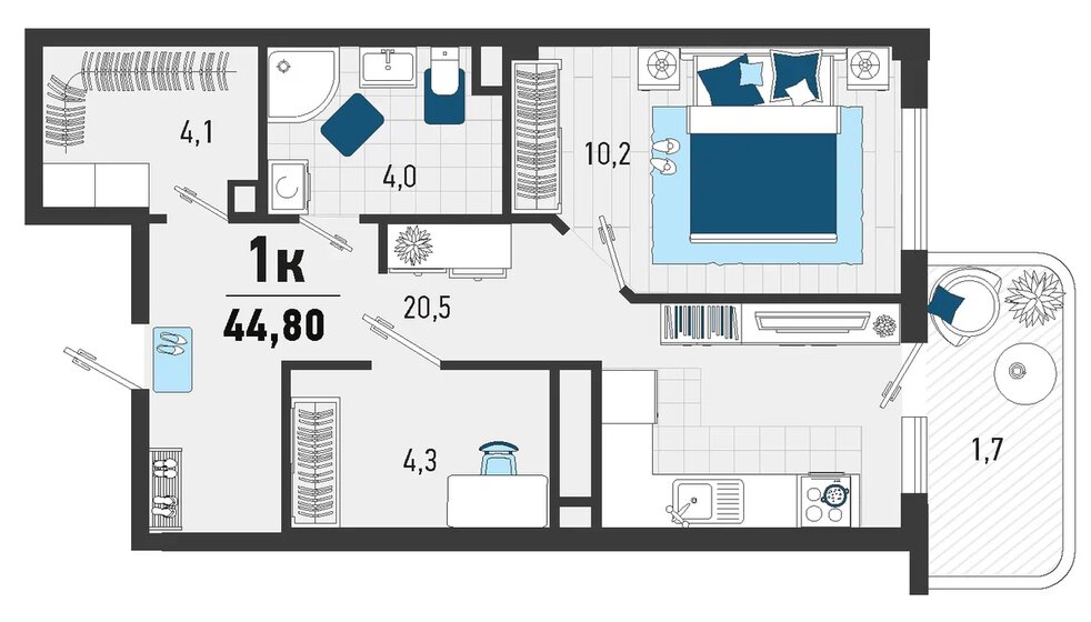 44,8 м², 1-комнатная квартира 12 000 000 ₽ - изображение 1
