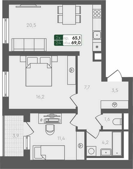 69 м², 2-комнатная квартира 8 299 200 ₽ - изображение 1