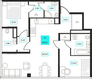 Квартира 69,3 м², 2-комнатная - изображение 1