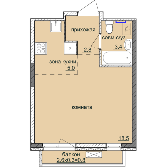 30,5 м², квартира-студия 3 280 000 ₽ - изображение 1