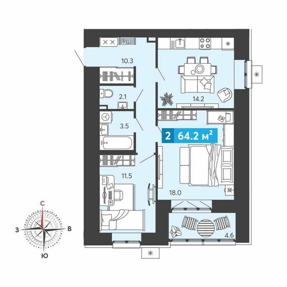64,2 м², 2-комнатная квартира 5 447 200 ₽ - изображение 47