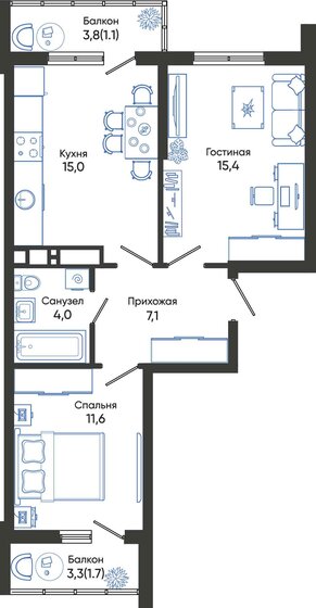 55,9 м², 2-комнатная квартира 10 447 710 ₽ - изображение 1