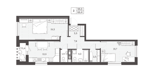 Квартира 66,4 м², 2-комнатная - изображение 1