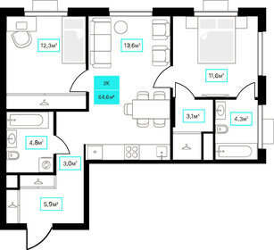 Квартира 64,6 м², 2-комнатная - изображение 1