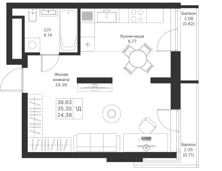 36,6 м², 1-комнатная квартира 9 230 760 ₽ - изображение 1